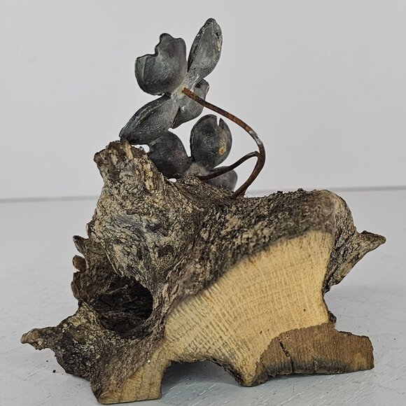Handcrafted Metal Flower Sculpture On Driftwood Folk Art - Picture 4 of 8